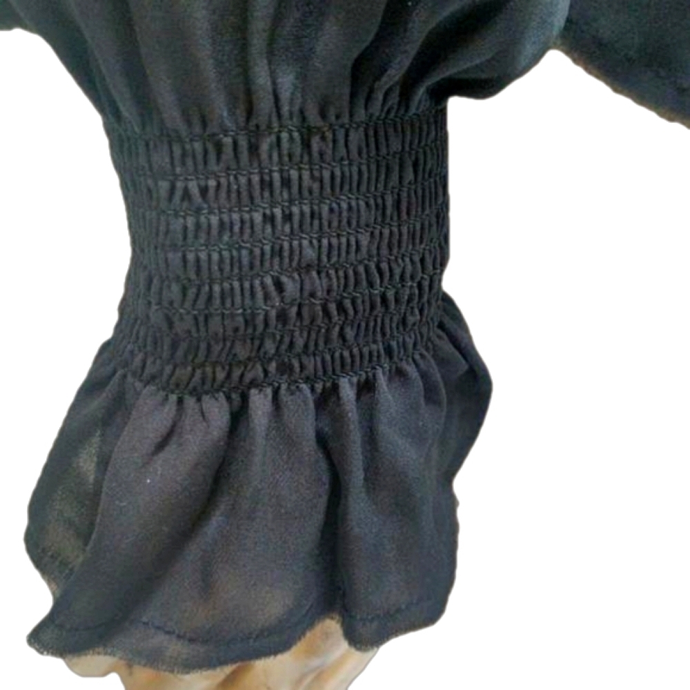 Black Silk Long Sleeve Ruffle Raw Edge Button Up Gothic Blouse Corporate Goth - Picture 5 of 8